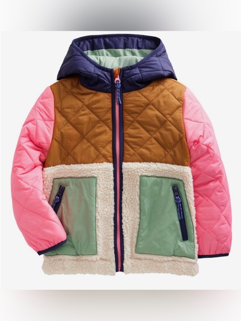 Mini Boden Girls Borg Quilted Color Block High Pile Fleece Hooded Zip Jacket 6-7